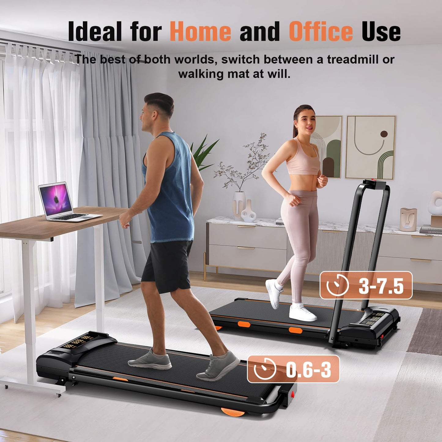 HONRISE Smart Walking Pad Treadmills for Home, Quiet Treadmill with Incline, Under Desk Foldable Treadmill, 320lbs Weight Capacity, Walking or Running for Home Office (Black/Orange)