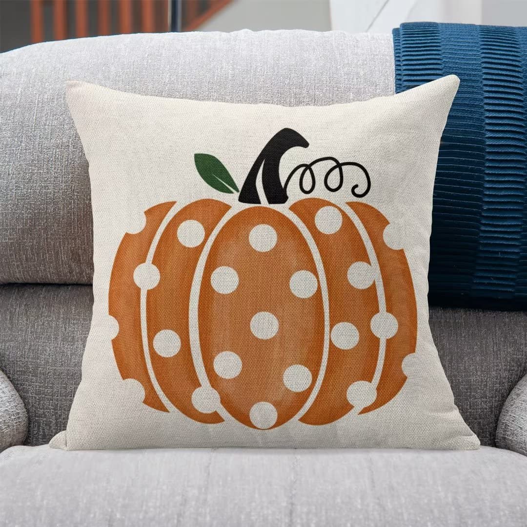 Fall Pumpkin Pillow Covers 18x18 Set of 2 Farmhouse Polka Dots Decorative Throw Pillow Outdoor Linen Square Autumn Thanksgiving Cushion Cover Decor for Home Couch Sofa