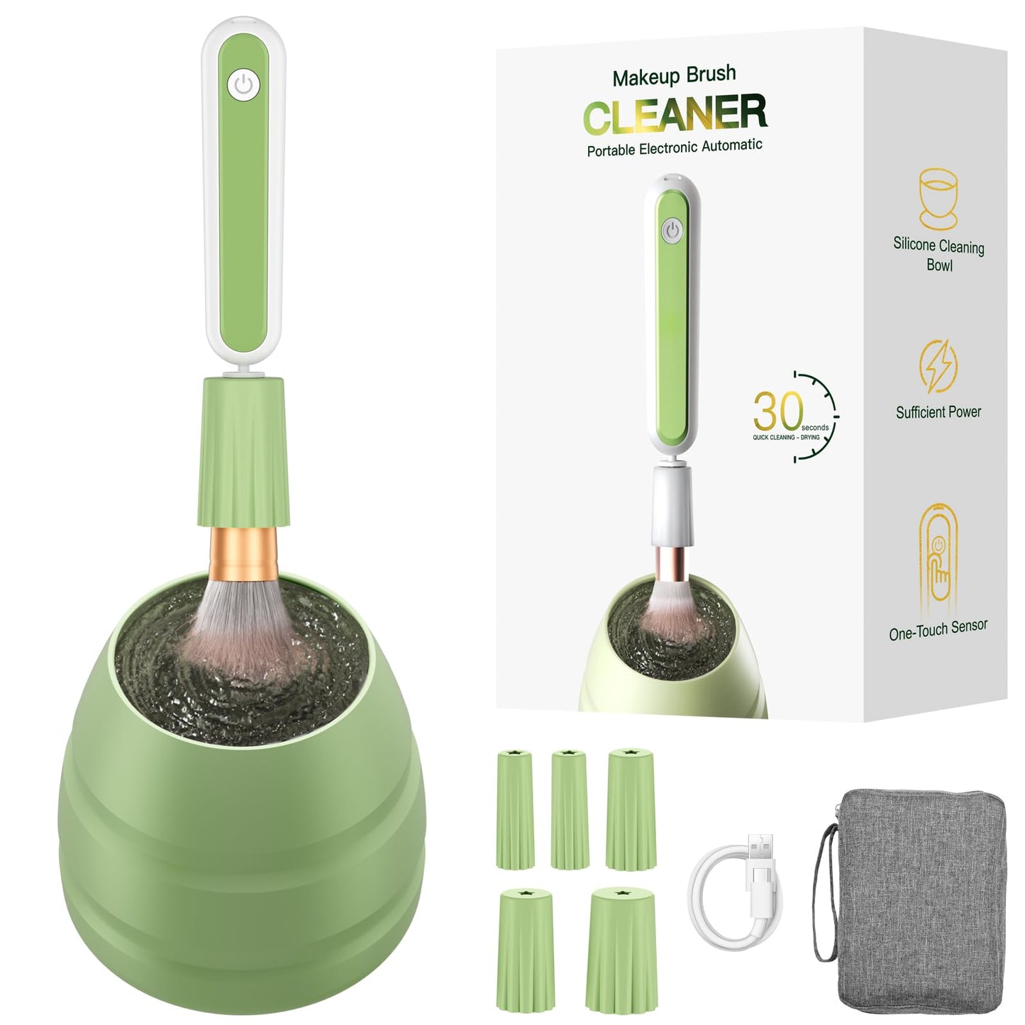 Portabl Makeup Brush Cleaner Machine -15000RPM Fast Deep Cleaning and Dry Make Up Brushes Efficient Cleaning With Storage Cas, Portable Spinning Washer, gift for women-Green