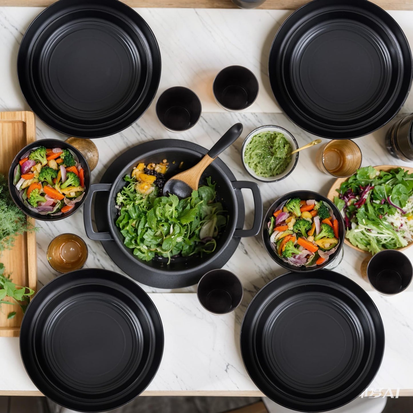 LIYH 16 Pcs Black Wheat Straw Dinnerware Set - Unbreakable Plates and Bowls Set, Dish Set for 4, Black Plastic Dinnerware Set Include Wheat Straw Dinner Plates Bowls Cups Kitchen & Camping