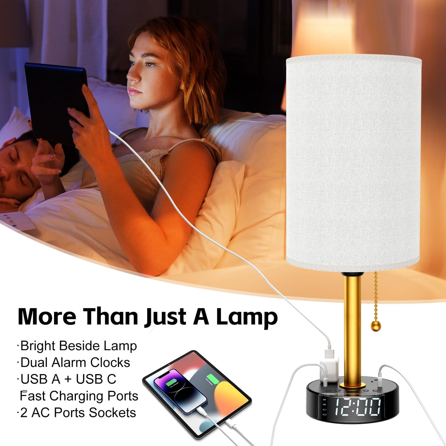 Bedside Desk Lamp for Bedroom, Table Lamp with USB A & USB C Fast Charging Ports & 2 AC Power Outlets, Alarm Clock Base, Round Black Fabric Lampshade Modern Nightstand Lamp for Living Room Home Office