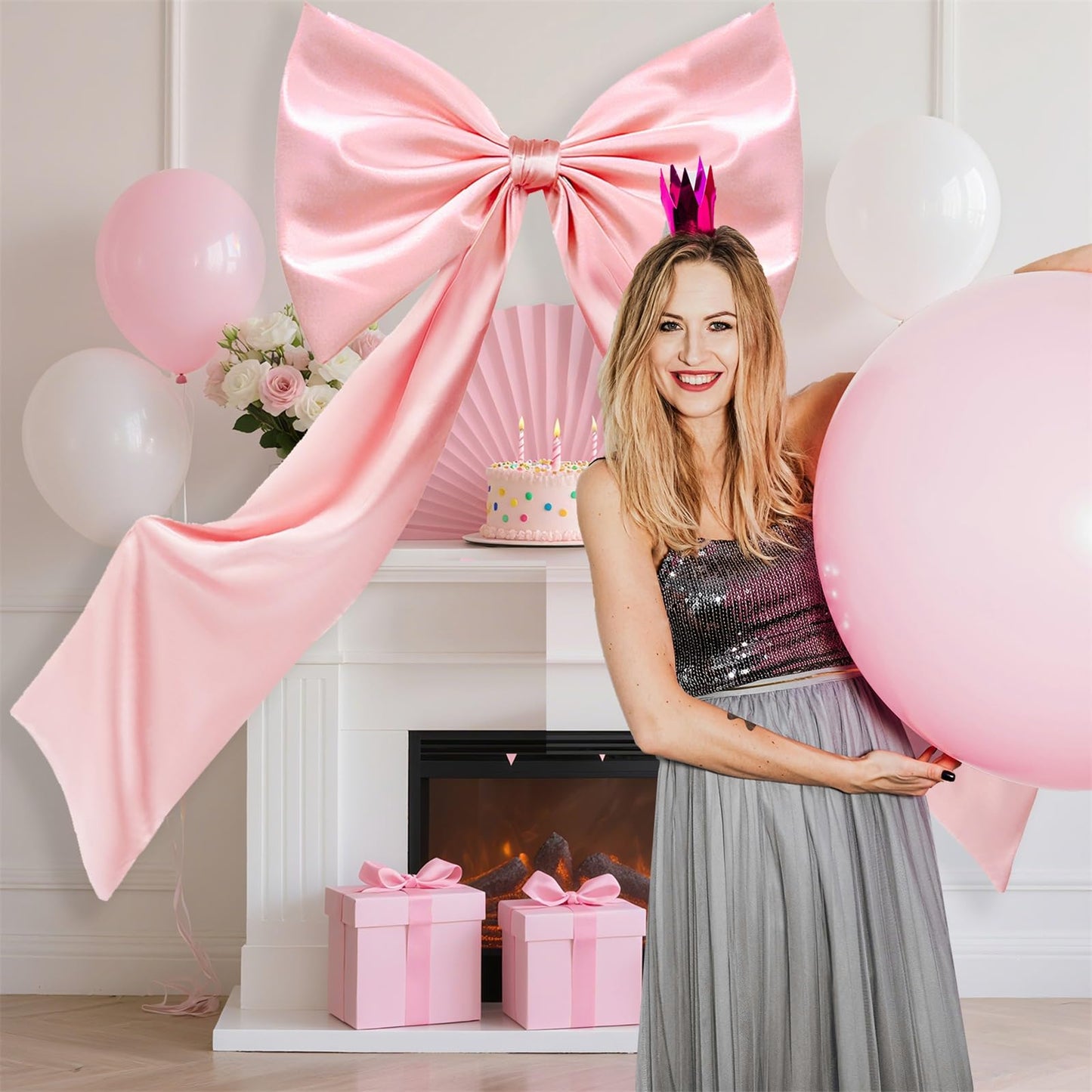 Coquette Large Satin Bow, 24 x 42 Inches, Pink Giant Bow Ribbon Tie for Coquette Room Decor, Birthday Party Backdrop Wall Decoration (Pink)