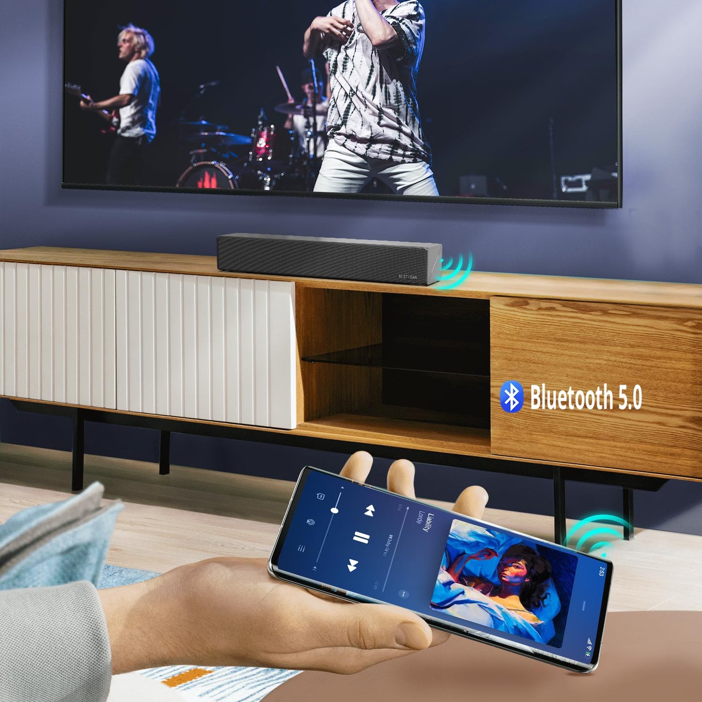 BESTISAN Sound Bars for TV, 16.5 Inches Sound Bar with Optical, AUX, USB and Bluetooth Inputs, Soundbar for TV(DSP, TREB and Bass Adjustable, Cyclic Switching Mode，Reset Function