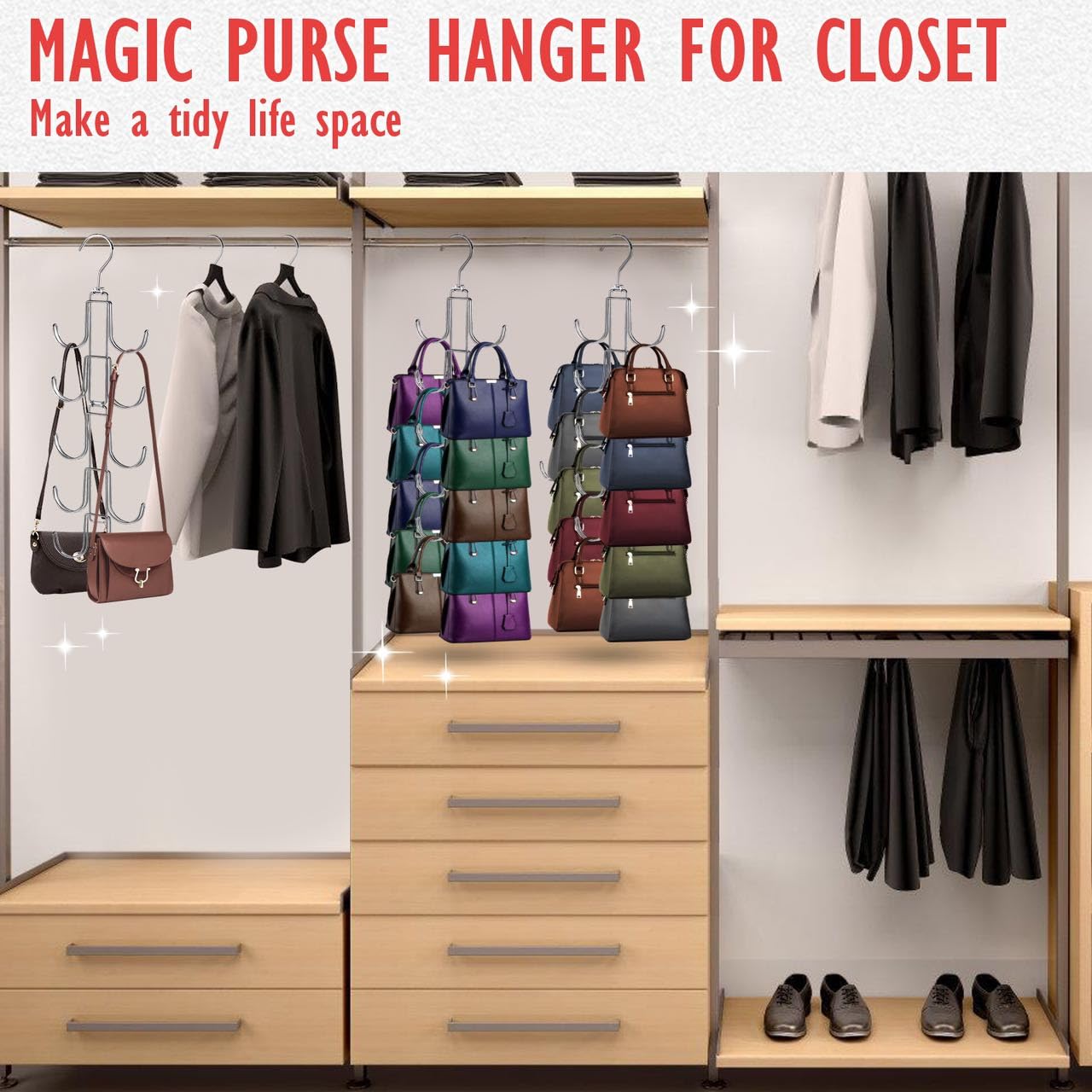 Purse Organizer for Closet, Bag Organizer with 10 Big Hooks, 360 Degree Rotation Purse Hanger for Display, Collapsible Space Saving Hangers Rack for Handbag, Belt, Scarve, Tie