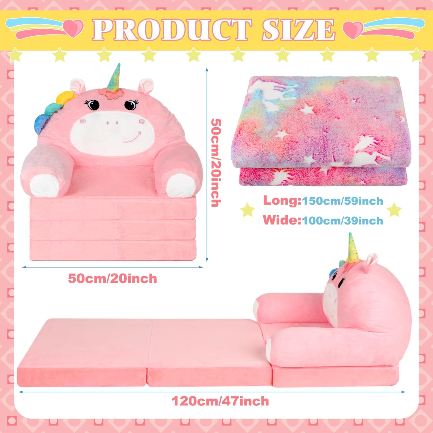 Burbell Toddler Chairs Comfy Unicorn Toddler Couches That Fold Out with Blanket 2-in-1 Kids Fold Out Couch Velvet Child Foldable Convertible Sofa to Lounger for 1-7 Years Old (Pink)