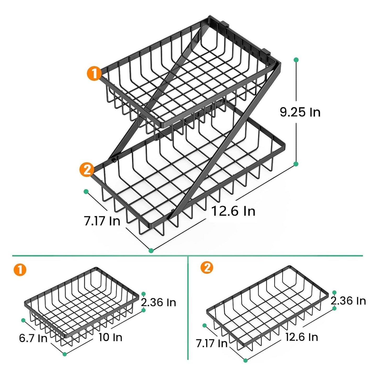 GETALL Fruit Basket for Kitchen, 2 Tier Countertop Fruit Holder, Detachable Metal Stand Fruit Bowl Organizer for Vegetable Bread Snacks Onions Storage, Large Capacity, Screws Free Design, Black(Z)