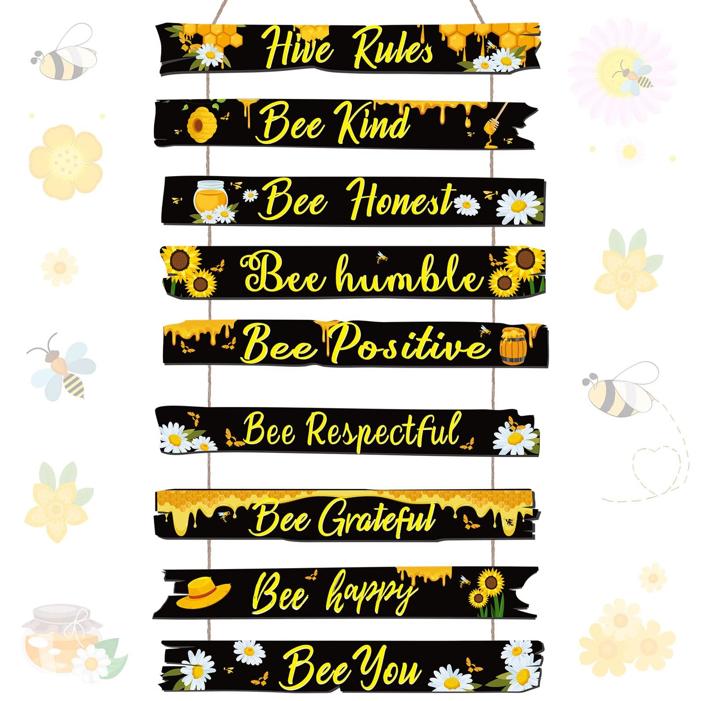 Jetec Bee Decor Plaque Gift Bee Sign Hive Rules Wall Decor Christmas Daisy Ornament for Xmas Home Spring Daisy Sunflower Decorations for Living Room Kitchen(Black)