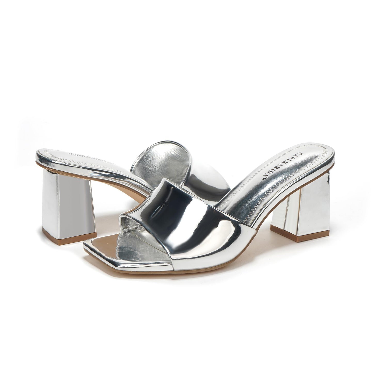 CARLKARIDA Women's Square Open Toe Heeled Sandals Glossy Material Mules Slip On Low Block Chunky Heeled Sandal on Comfortable Casual Dress Pumps Shoes with Sense of Luxury