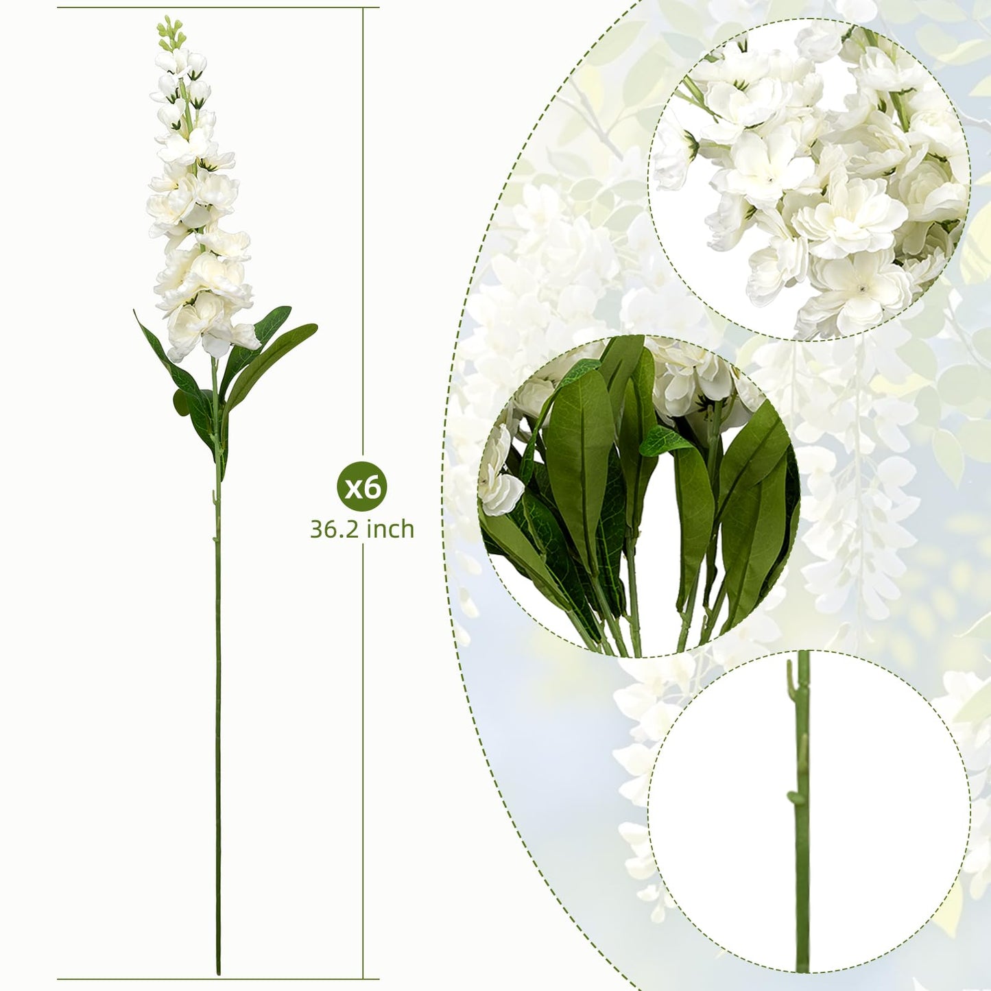 6PCS 36.2 inch Delphinium Artificial Flowers Larkspur Fake Flowers Long Stem Faux Silk Delphinium Flowers Bulk for Tall Vase for Home Wedding Floral Arrangement Centerpiece Table Decorations (White)