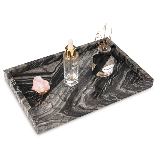 Marble Bathroom Vanity Tray, Natural Luxury Vanity Home Kitchen Bathroom Table Tray, Stone Decorative Countertop Dresser Trays for Key Coffee Perfume Jewelry Makeup (Wood Grain, 12"x 8" x1.2")