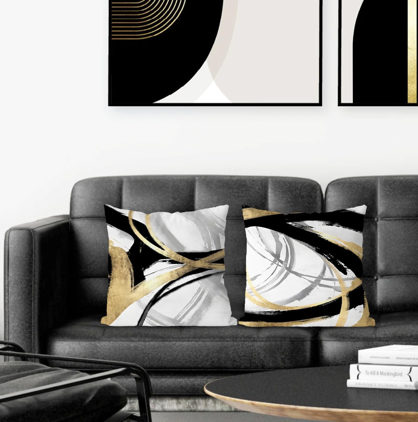 Supwhd Black White and Gold Pillow Covers, Abstract Black and Gold Pillow Covers 18x18 Set of 2, Modern Boho Home Decor, Black and Gold Decorative Throw Pillows Cover for Couch Living Room Bedroom