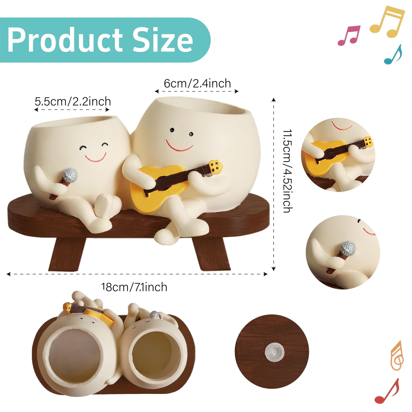 yiilead Smiley Face Planter Pot,Unique Double Head Guitar Singing Planter,with Drainage Hole Resin Cute Plant Pot,for Indoor Outdoor Plants