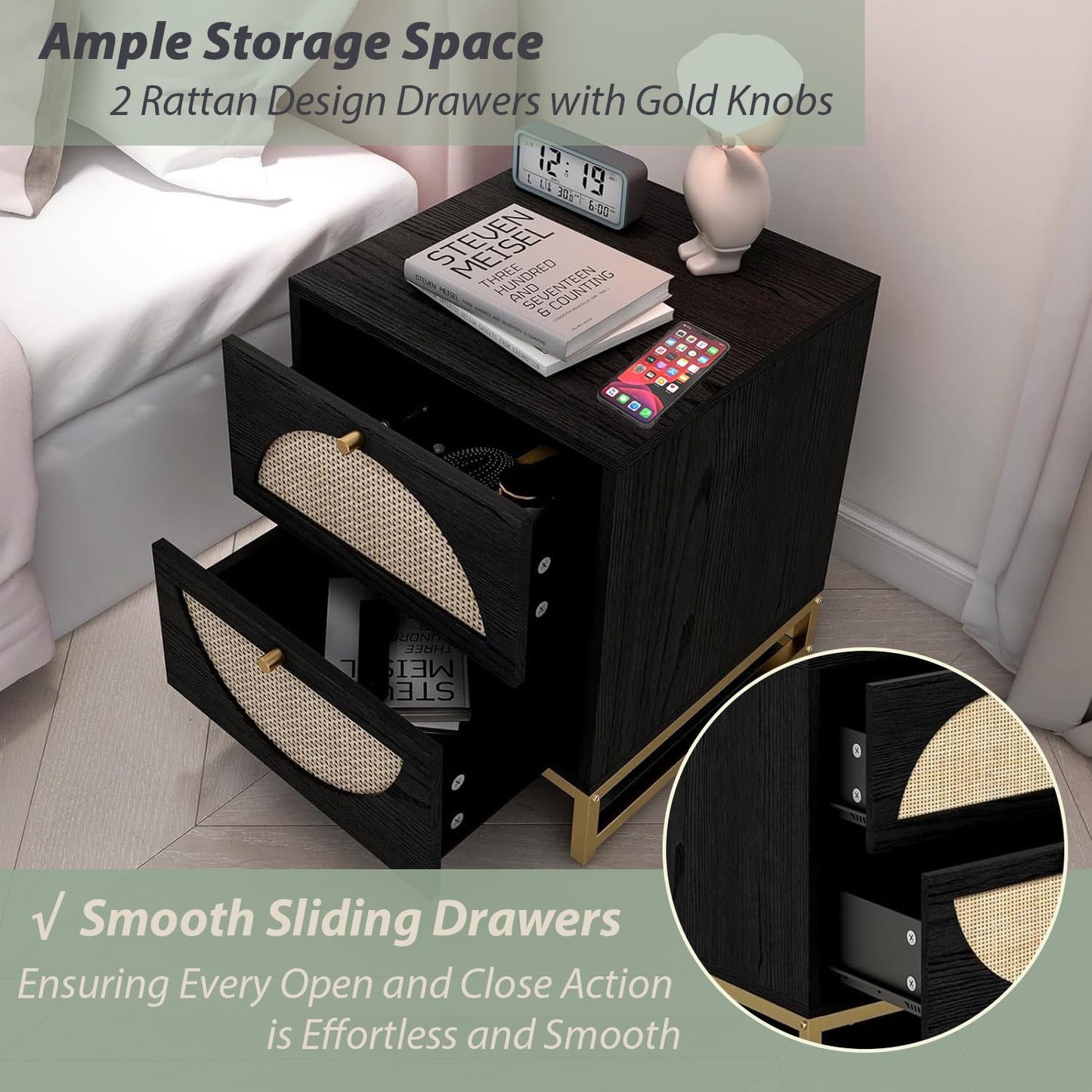 vistavie Rattan Nightstand with 2 Drawers, Wooden End Table Rattan Weaving Bedside Table Accent,Rustic Side Table Night Stand with Storage,for Living Room Bedroom (Black, Set of 1)