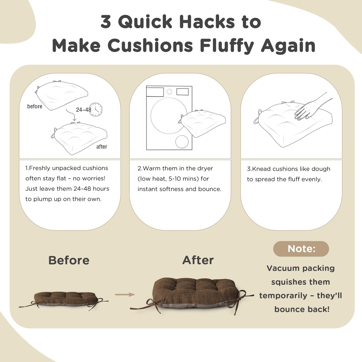 FlyGulls Chair Cushions for Dining Chairs Set of 4 Durable D-Shaped Seat Cushions with Non-Slip Backing Secure Ties Thick Cozy Seat Pad for Kitchen Dining Room Office(18x16.5x3in Coffee)