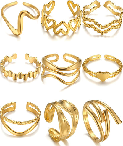 BETTY&SARAH 9PCS Gold Rings for Women Non Tarnish, 18K Gold Plated Chunky Adjustable Stackable Rings, Open Stacking Knuckle Ring Set Gifts