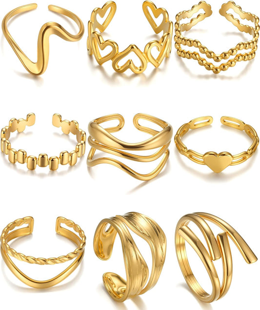BETTY&SARAH 9PCS Gold Rings for Women Non Tarnish, 18K Gold Plated Chunky Adjustable Stackable Rings, Open Stacking Knuckle Ring Set Gifts