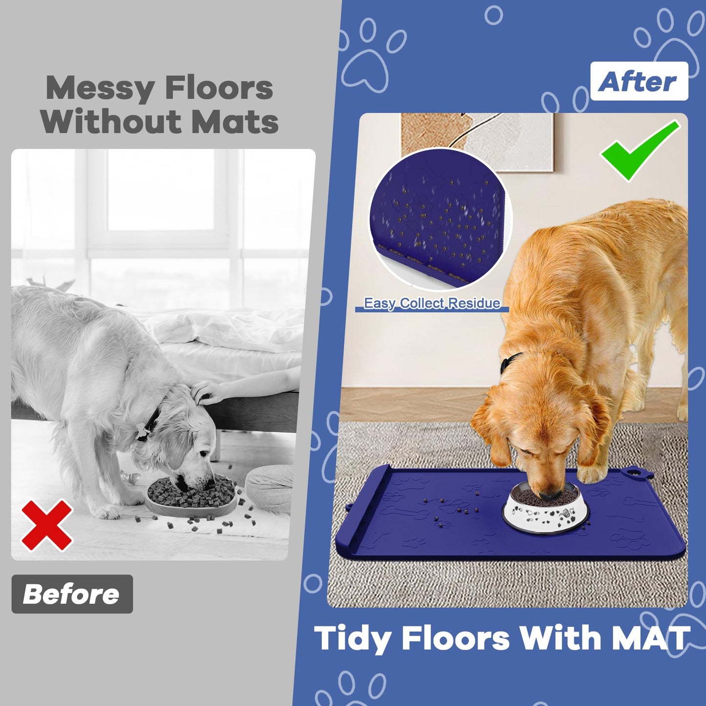 Pet Feeding Mat, Dog Food Mat, 24''x16'' Silicone Pet Feeding Mats with Residue Collection Pocket, Waterproof Dog Cat Bowl Mats for Food and Water with Edge and Hook, Tray for Dog Bowls, Navy Blue