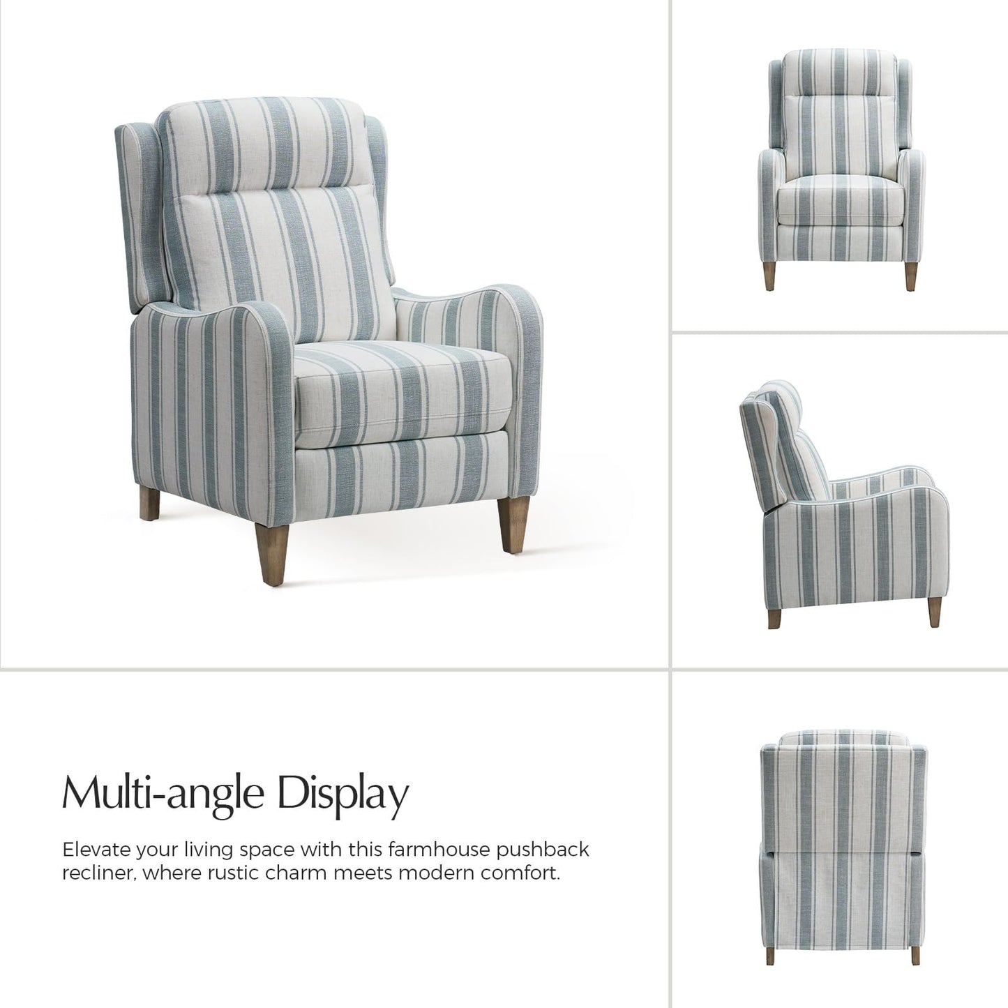 HULALA HOME Pushback Recliner Chair with Solid Wood Legs, Fabric Striped Comfy Upholstered Seating with Footrest, Armchair for Living Room/Reading, Blue