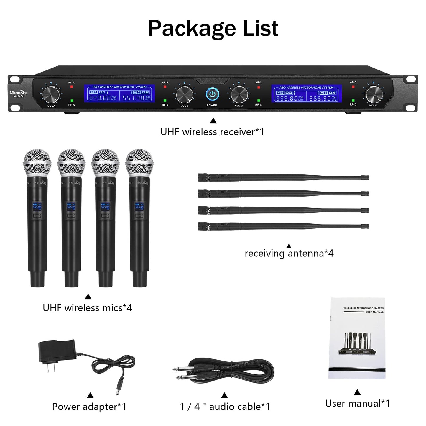 MicrocKing Wireless Microphone System, with 4 Handheld Mics, Metal Build, Fixed Frequency, Long Range 400ft, Ideal for Party/Wedding/Church/Conference/Speech