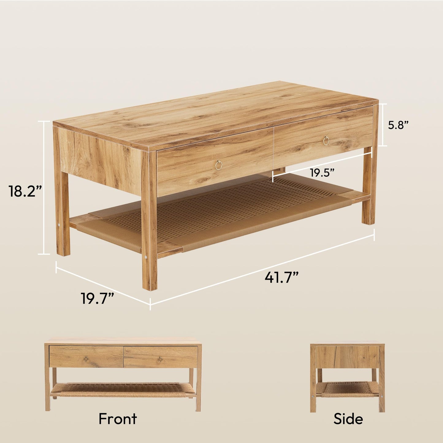 Dowinx Boho Coffee Table with Storage, 42" Wood Coffee Table for Living Room, 2 Storage Drawers and Open Rattan Shelf, Rectangular Living Room Coffee Tables Oak