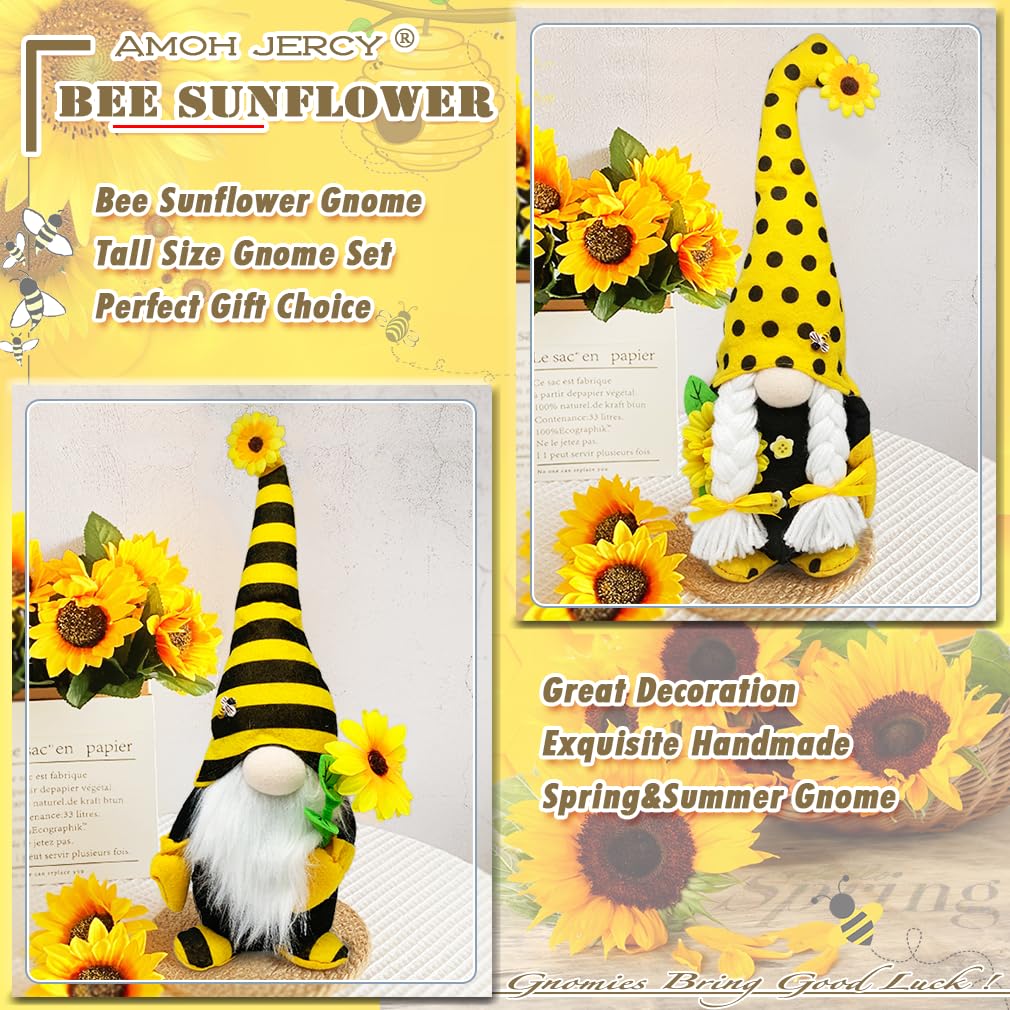 AMOH JERCY Tall Sunflower Gnome Set – 2PCS 15” & 14” Bee Plush Scandinavian Gnomes, Rustic Farmhouse Spring & Summer Decor, Tiered Tray & Mantel Decorations, Housewarming Gift, Party Table Centerpiece