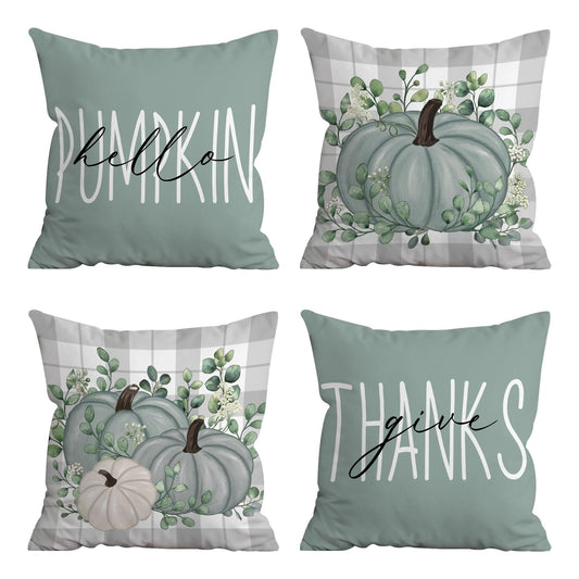 FUTBU Fall Pillow Covers 18x18, Fall Decorations Indoor Pillow Covers Set of 4 Blue, Autumn Decor Pumpkin Eucalyptus Leaves Throw Pillow Covers Harvest for Couch Sofa Living Room Outdoor Thanksgiving