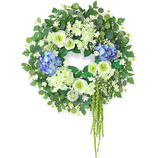 26" Hydrangea & Eucalyptus Wreath for Front Door, Porch, Window - Large Artificial Silk Flowers Outdoor Wreath for Home, Farmhouse, Wedding Decor - Spring, Summer, All Seasons (White&Purple)