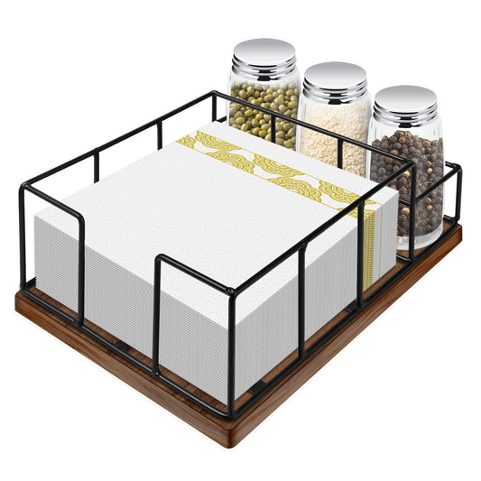 Wooden Napkin Holder with Double Compartments, Salt and Pepper Shaker, Metal Napkin Holder for Kitchen Table Decoration - Oversized and Simple Napkin Dispenser
