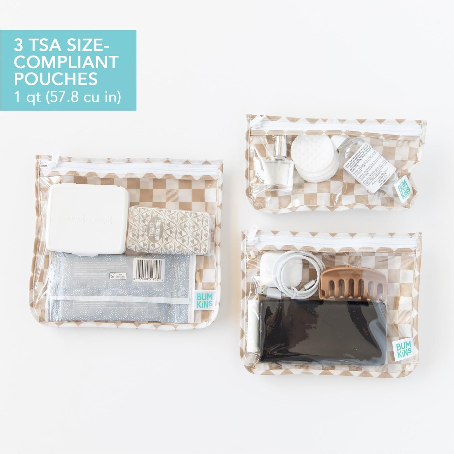 Bumkins - Waterproof Wet Bag & Clear Travel Bags - For Beach, Baby, Travel, Swim Suit, Cloth Diapers, Pump Parts, Pool, Gym, Toiletries - Reusable & Easy to Clean - Beige Check - 4 Pack