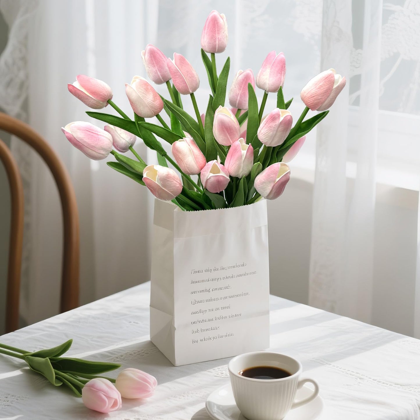 Carfoeny 16pcs Tulips Artificial Flowers Faux Tulip Bulbs Real Touch Bouquet Fake Pink Silk Tulips Floral Arrangement for Wedding Mothers Day Halloween Home Indoor Outdoors Tables Vase Planters Decor