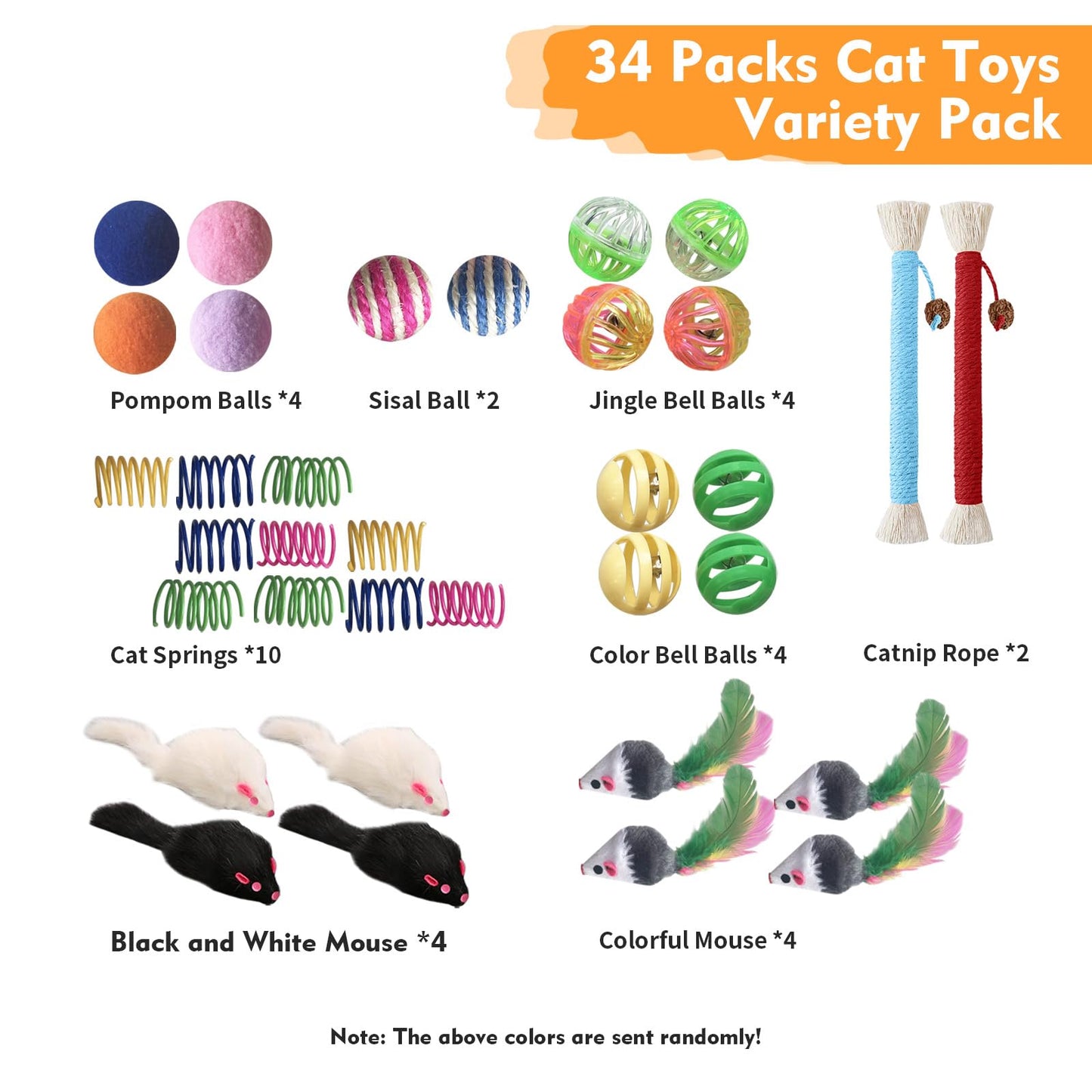 YULOYI Cat Toys for Indoor Cats - 34 Packs Interactive Set with Colorful Springs, Mouse Toy, Catnip Ropes, Balls, Bells, and Sisal Ball for Kittens