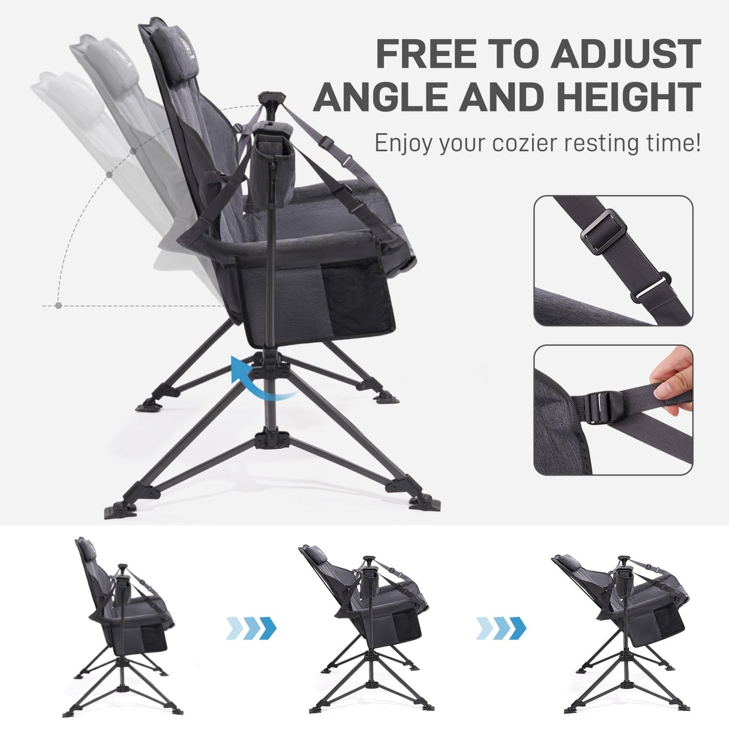 EVER ADVANCED Padded Hammock Camping Chair, Oversized Heavy Duty Swing Chair with Detachable Cup Holder, Portable Folding Rocking Camping Chair, Support Up to 400lbs, Grey