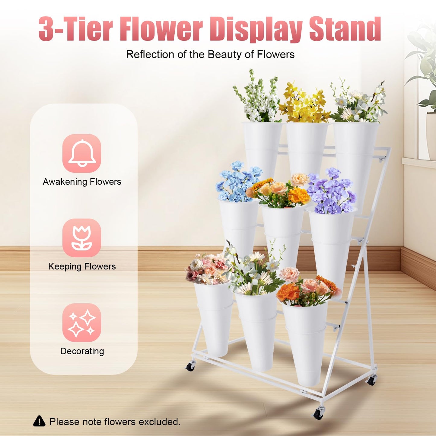 HuaShuani Flower Display Stand with 9 Buckets, 3 Tiers Metal Mobile Florist Bouquet Stand Flower Cart with 4 Wheels for Indoor Outdoor Patio Garden, Living Room, Florist