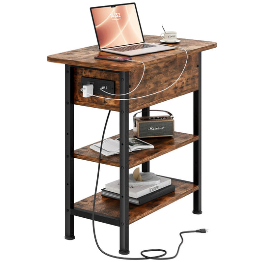 GRUSIGN End Table with Charging Station, Flip Top Side Table with USB Ports and Outlets, 3-Tier Small Side Table with Storage for Small Space, End Tables for Living Room/Bedroom, Brown
