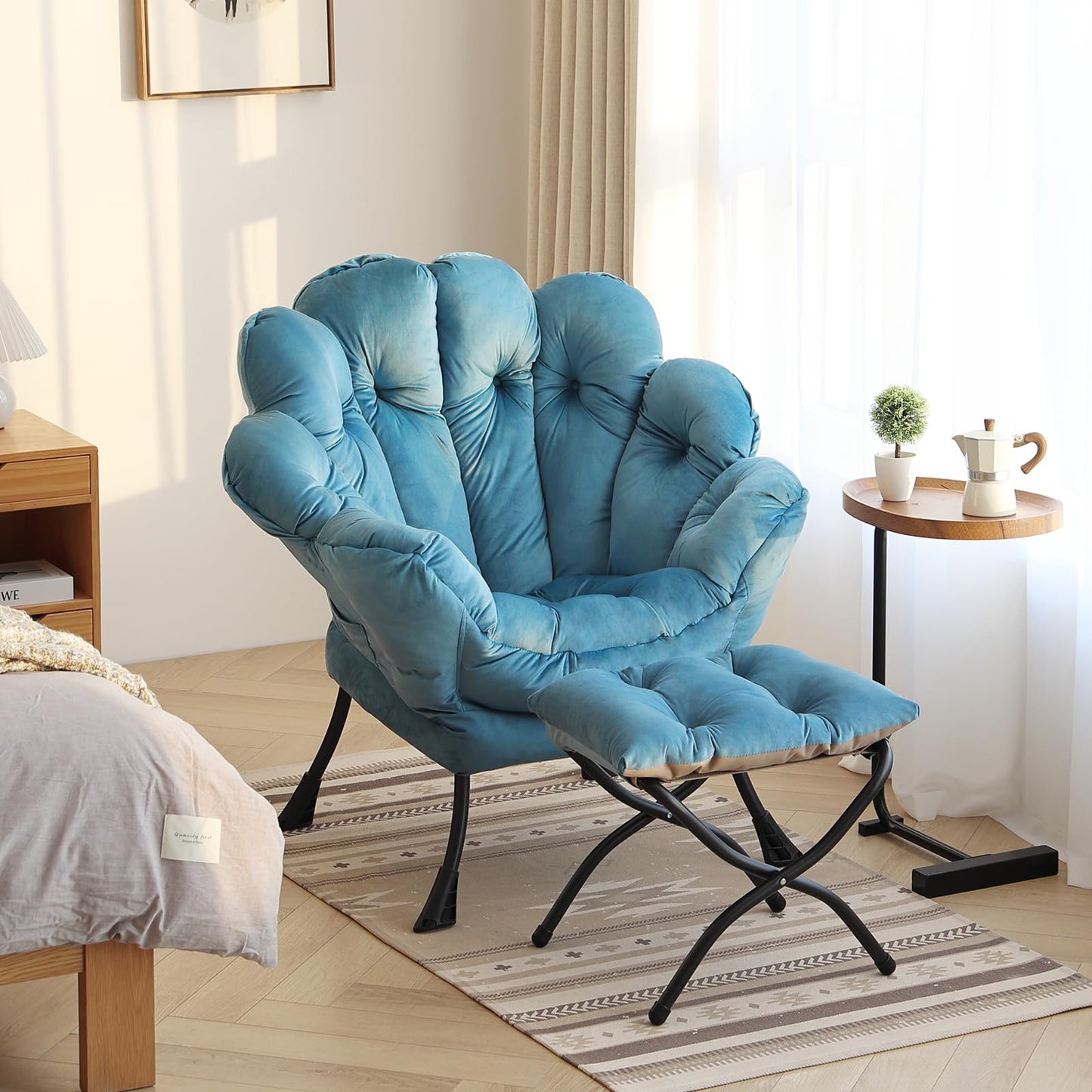 Furlide Lazy Chair with Ottoman, Modern Floral Reading Chair with Folding Footrest, Lounge Accent Chairs, Comfortable Oversized Armchairs for Bedroom, Living Room, Courtyard, Velvet Light Blue
