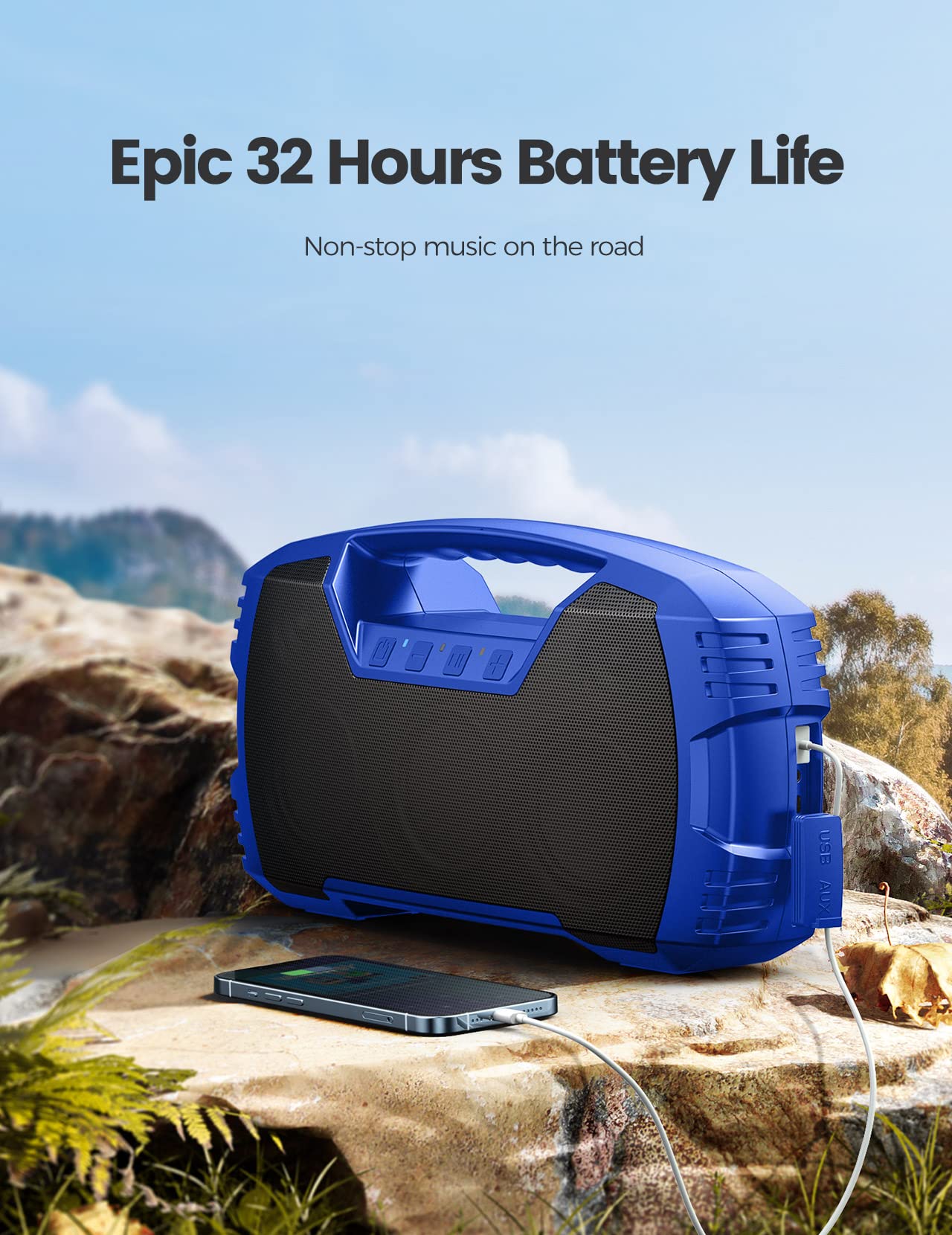Houl Zallee IPX7 Waterproof Bluetooth Speaker, 40W (60W Peak) Portable Wireless Speakers, 32H Playtime, Stereo Loud Sound, Deep Bass, Bluetooth 5.0, Built-in Mic for Camping, Party, Gifts, Beach-Blue