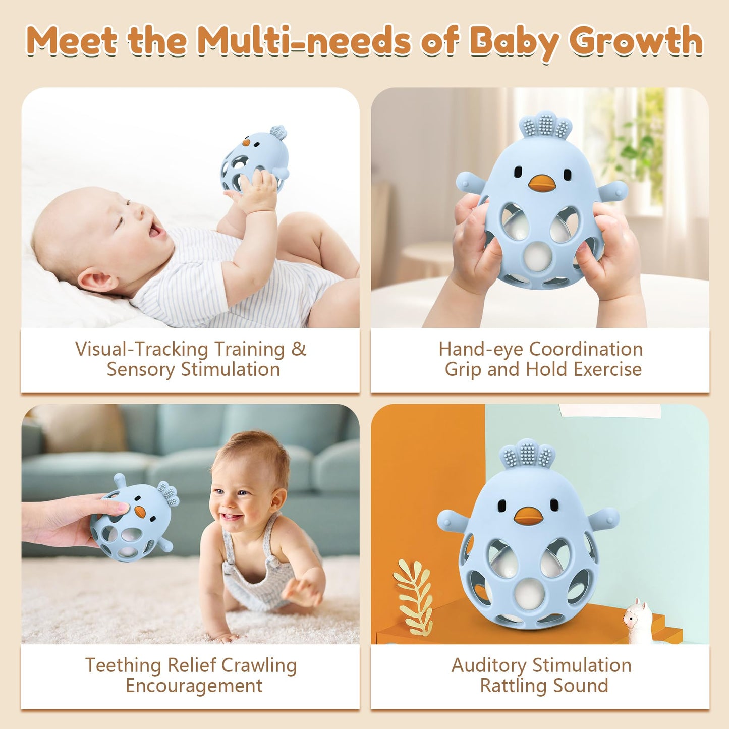 MCGMITT Baby Teething Toys for 3-6 Months, Easy Grasp Silicone Baby Rattles 0-6-12 Months, BPA-Free Food Grade Montessori Sensory Toys, Soft Newborn Infant Teether for Teething Relief