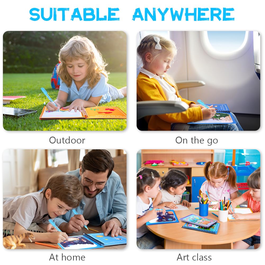 OSDUE Water Coloring Book for Toddler, 6 Pack Water Painting Book for Toddlers, Paint with Water Books, Educational Learning Doodle Toy, Reusable No-Mess Art Book Travel Toys & Xmas Gift for Kids