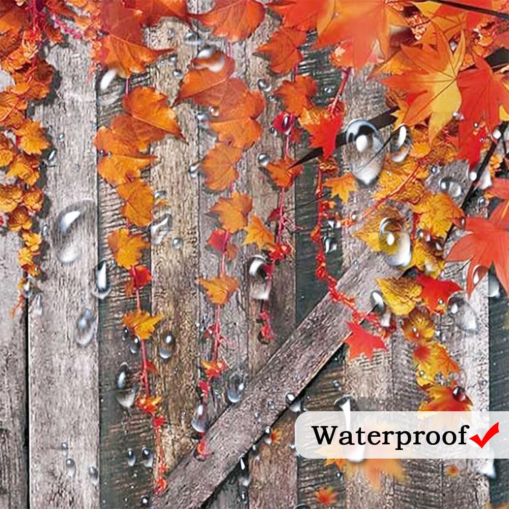 Rustic Fall Barn Door Shower Curtain Sets for Bathroom,Seasonal Theme Autumn Maple Leaves Bath Curtain, Retro Wood Board Thanksgiving Harvest Day Farmhouse Decoration Curtains with Hooks 72X84IN