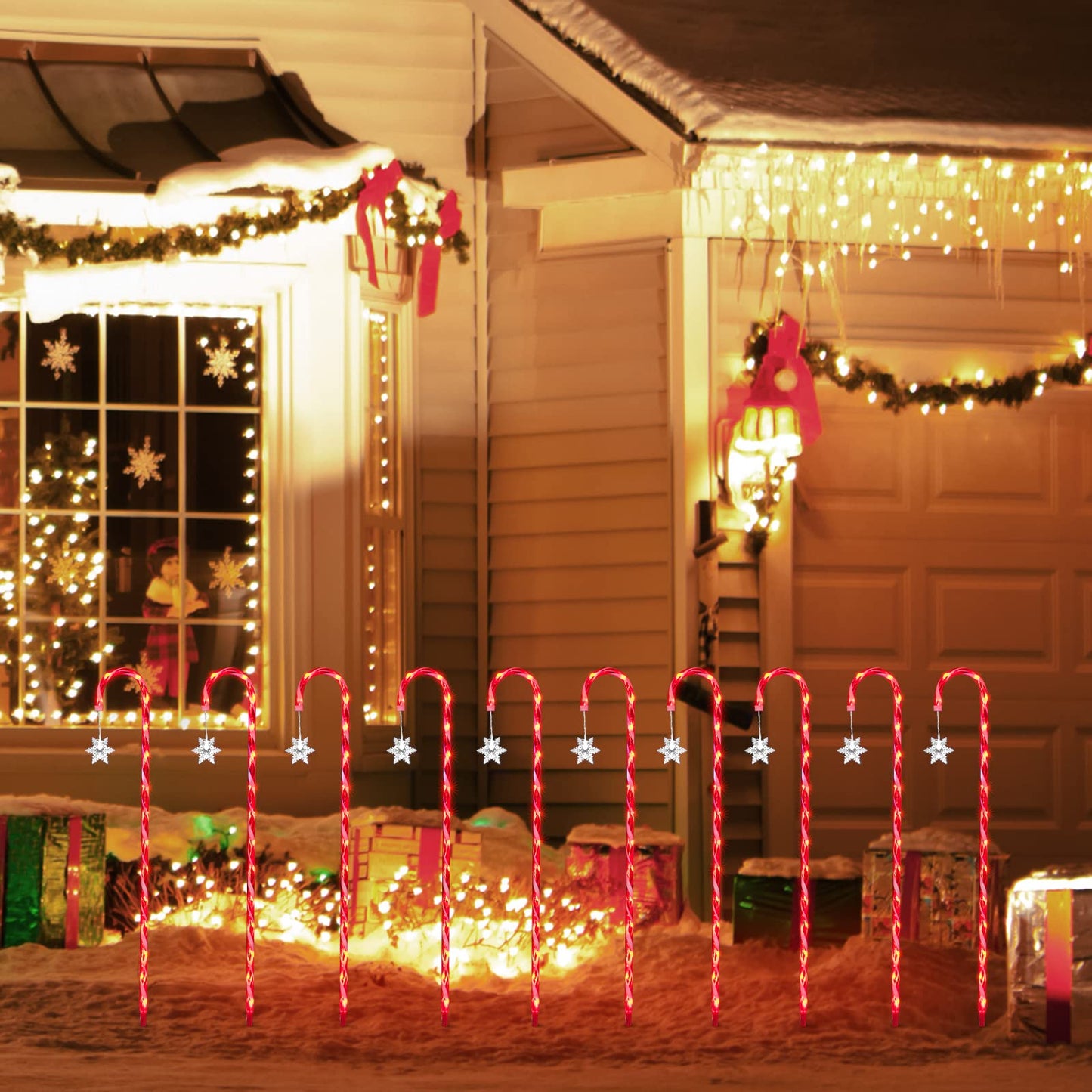 JUSTPRO 10 Pack 33" 160LED Candy Cane with Snowflake Lawn Stake Light , Christmas Candy Cane Lights - Pathway Markers Christmas Outdoor Yard Decorations with 11-Functions (RED and White )