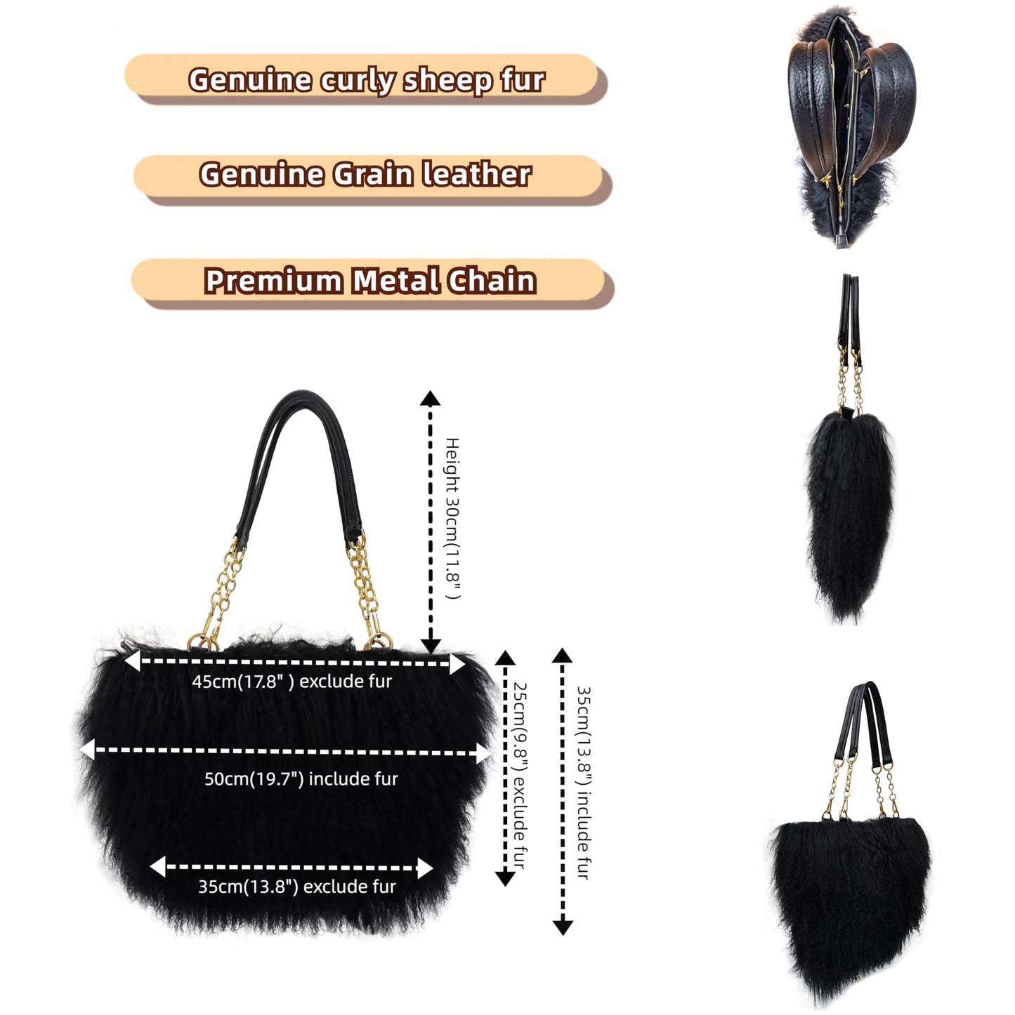 FINILUO Big Fur Tote Bag Curly Lamb Hair Furry Purse with Genuine Leather Handles Plush Black Fur Handbag (black)