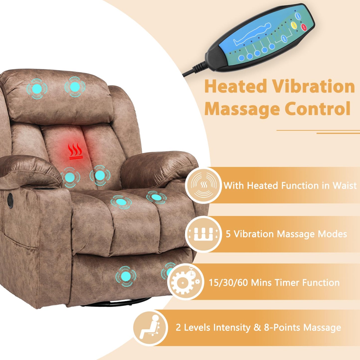 W WARMHOL 360° Swivel Glider Rocking Recliner Chair, Overstuffed Manual Massage Recliner with Heat and Vibration, Single Modern Sofa Home Seating for Living Room, Cup Holders/USB Ports (Plush-Brown)