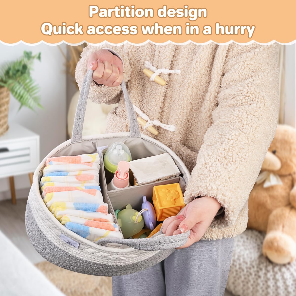 PHILORN Diaper Caddy Organizer, Cotton Rope Diaper Caddy Basket, Woven Diaper Caddy with Dividers, Nursery Storage Basket for Changing Table, Car Diaper Caddy, Baby Shower Gifts