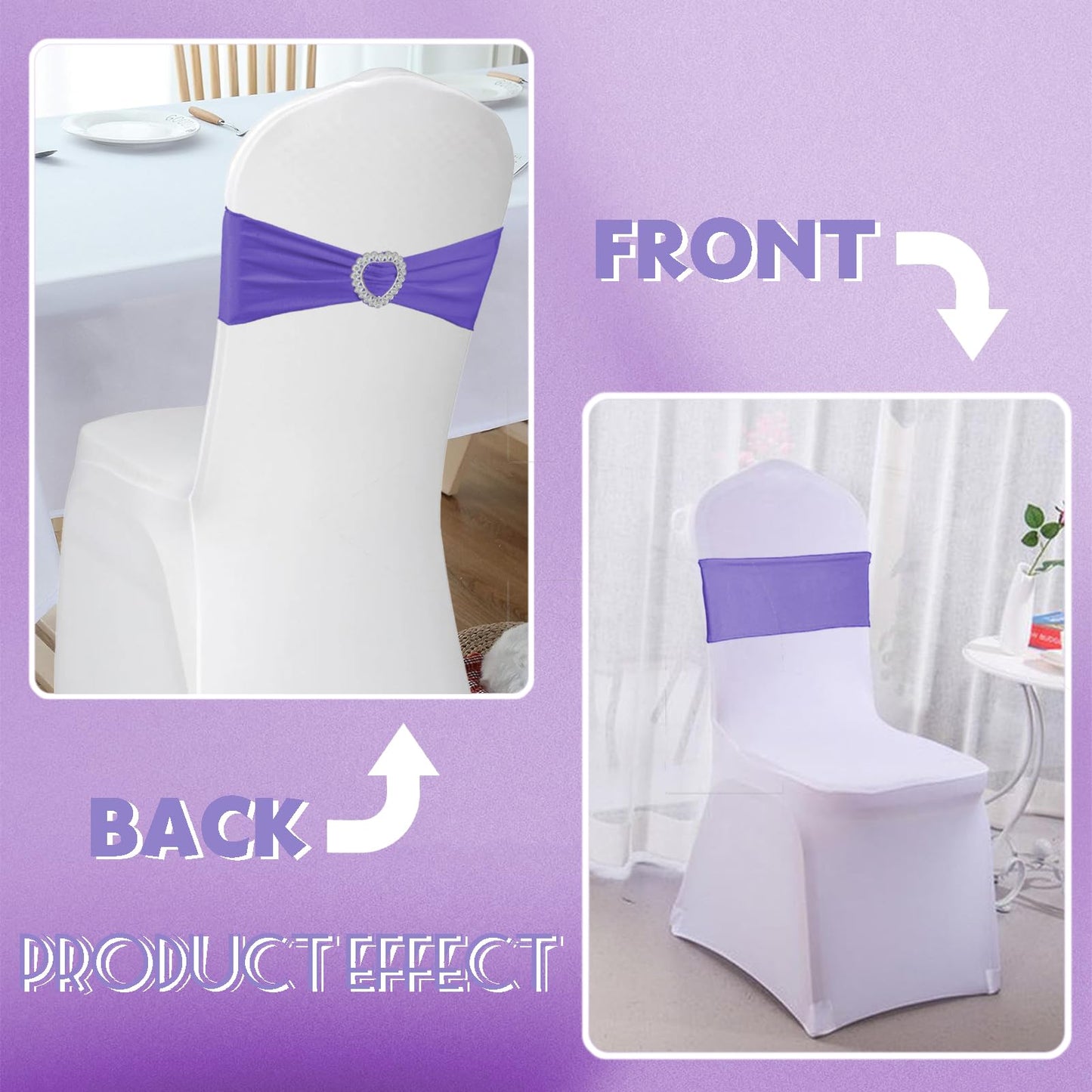Zrlljp 100PCS Spandex Purple Chair Sashes Bows Universal Stretch Elastic Chair Cover Band Ties with Buckle Slider for Wedding Banquet Birthday Party Reception Event Decoration