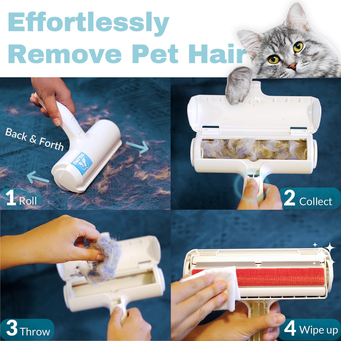 DELOMO Pet Hair Removal Tool, Pet Hair Remover - Lint Roller for Pet Hair - Cat and Dog Hair Remover for Couch, Furniture, Carpet, Car Seat, Reusable Lint Roller with Fur Bin, Pet Owner Essential