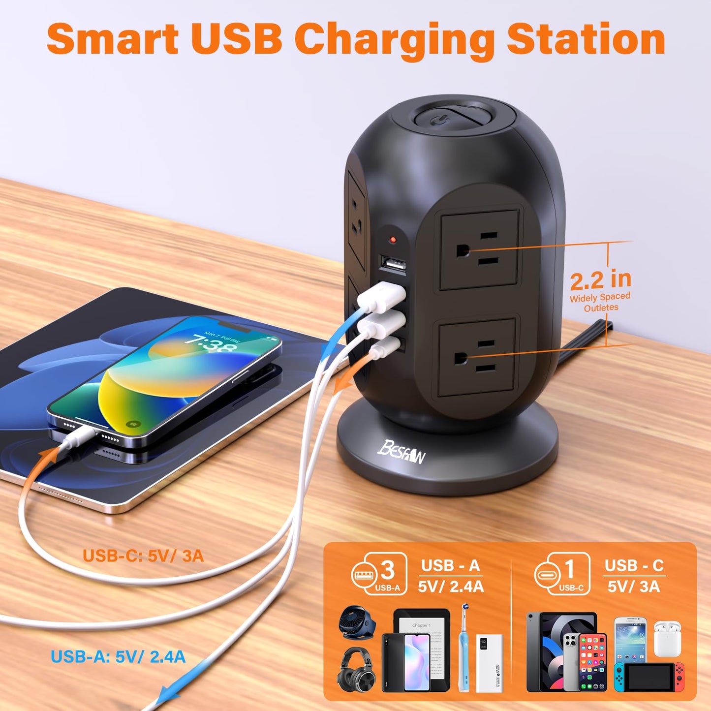 Surge Protector Power Strip Tower with 8 AC Outlets 4 USB Ports (1 USB C), 10 ft Flat Extension Cord with Multiple Outlets Charging Station for Dorm Home Office Essentials, Black