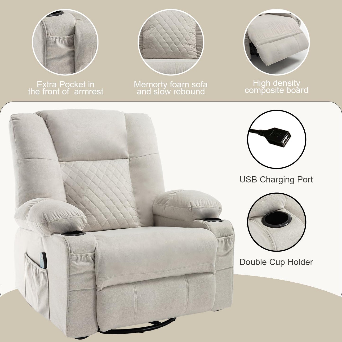 Swivel Recliner with Massage and Heat, Scratch-resistant Fabric Rocking Reclining Chairs for Adults, Overstuffed Recliners with Cup Holders, Modern Manual Rocker Recliner Chairs for Living Room, Beige