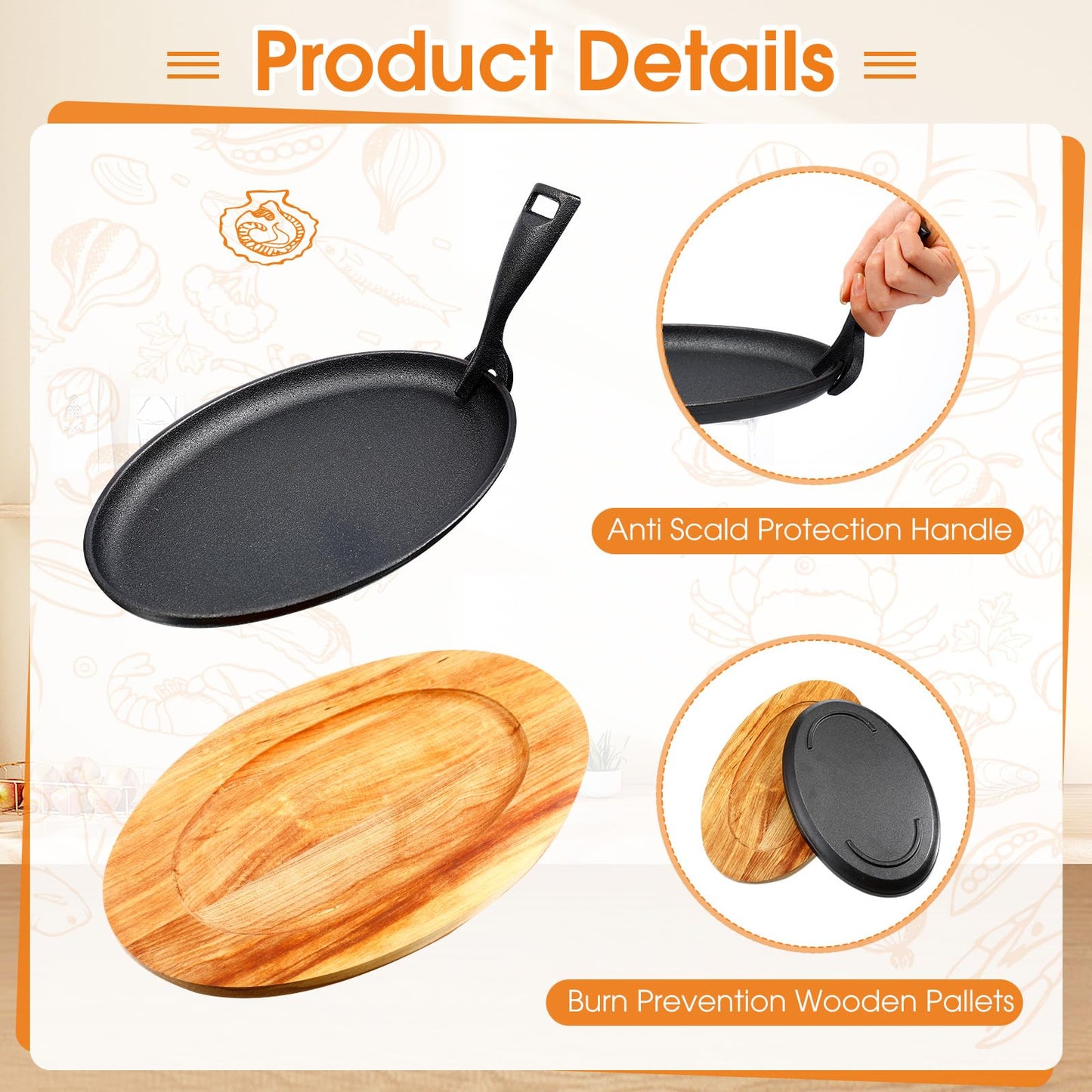 FoldTier 12 Sets Cast Iron Skillet Set 10.63'' x 6.89'' Fajita Plate Sizzling Pan with Wooden Base Anti Scald Protection Removable Handle for Restaurant Kitchen Cooking Accessory BBQ Party