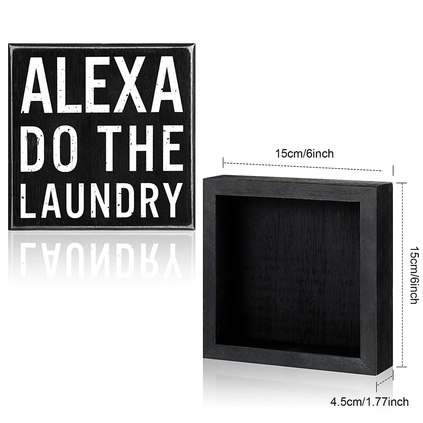 Classic Farmhouse Laundry Decor Funny Wooden Box Sign Rustic Laundry Black White Decorative Box Sign Plaque for Home Bathroom Shelf Decoration(Black Background)