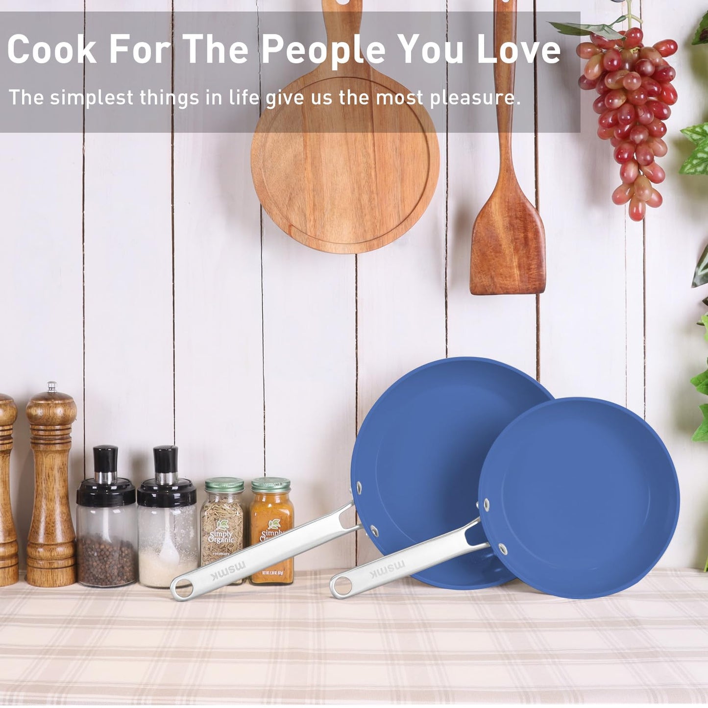 MsMk Ceramic Nonstick 8-inch and 10-inch Frying Pan Set, No PFAS & PTFE & PFOA, Stainless Steel Handle, Dishwasher & Oven Safe,Blue